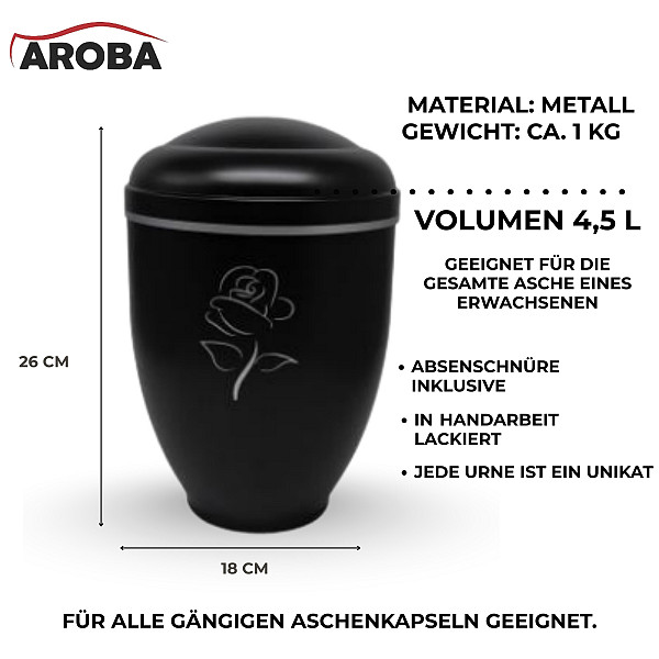 Handgefertigte Metallurne in Mattschwarz mit Rosen-Gravur – 4,5 L Gedenkurne für Erwachsene – Mit Aschekapsel-Einsatz – Stilvolles Design als Symbol für Liebe, Erinnerung & Würde