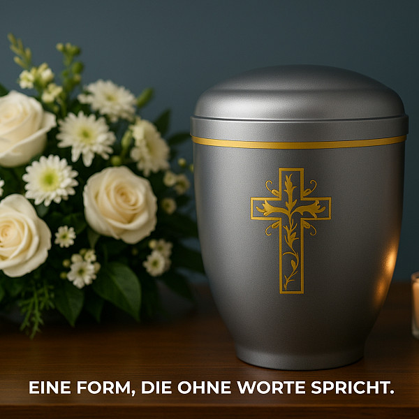 Handgefertigte Metallurne in Mattsilber mit goldener Kreuz Gravur – 4,5 L Volumen für Menschliche Asche – Christliche Gedenkurne mit Aschekapsel-Einsatz – Schlicht, würdevoll & hochwertig