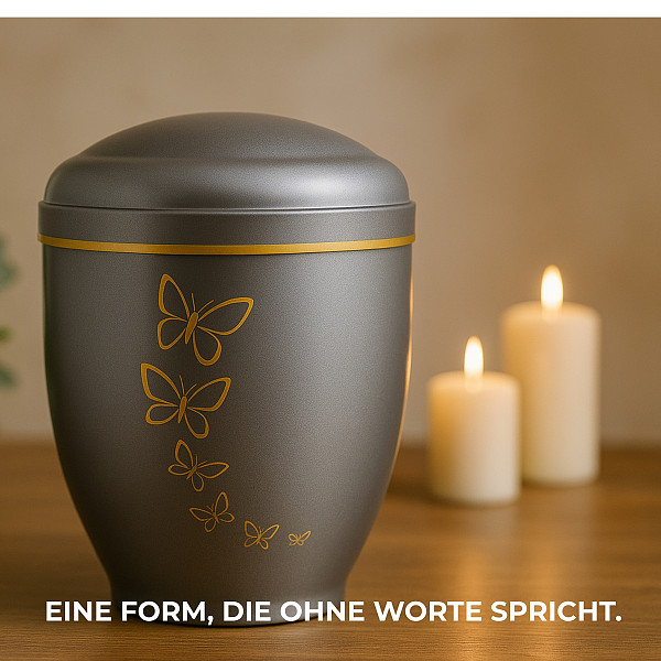 Handgefertigte Metallurne in Mattsilber mit goldener Schmetterlings Gravur – 4,5 L Gedenkurne für Menschliche Asche – Mit Aschekapsel-Einsatz – Symbol für Freiheit, Seelenfrieden & stilvollen Abschied
