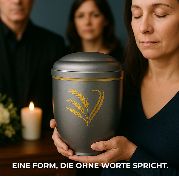 Handgefertigte Metallurne in Mattsilber mit goldener Aähren Gravur – 4,5 L für Menschliche Asche – Gedenkurne mit Aschekapsel-Einsatz – Symbol für Freiheit, Seelenfrieden & Würde