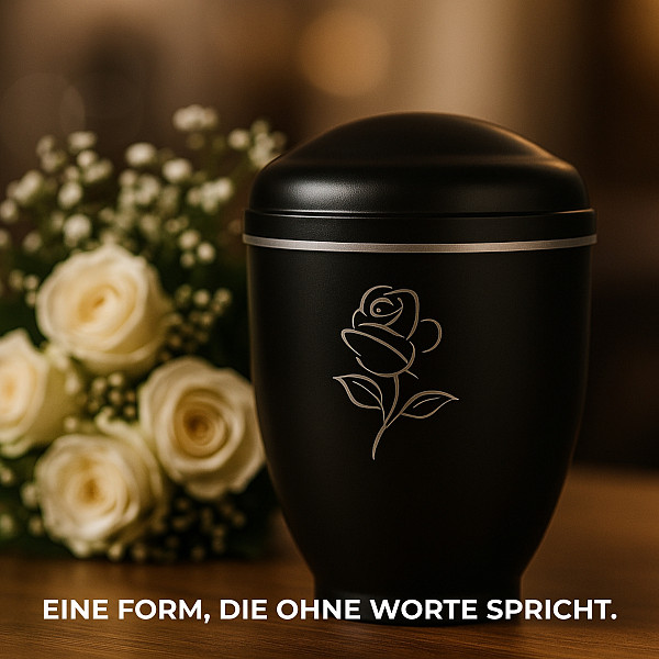 Handgefertigte Metallurne in Mattschwarz mit Rosen-Gravur – 4,5 L Gedenkurne für Erwachsene – Mit Aschekapsel-Einsatz – Stilvolles Design als Symbol für Liebe, Erinnerung & Würde