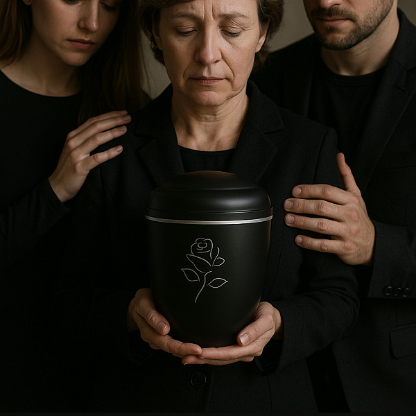 Handgefertigte Metallurne in Mattschwarz mit Rosen-Gravur – 4,5 L Gedenkurne für Erwachsene – Mit Aschekapsel-Einsatz – Stilvolles Design als Symbol für Liebe, Erinnerung & Würde