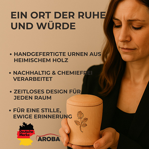 Handgefertigte Mini-Urne aus Buchenholz mit Rosen-Gravur – Zylindrische Erinnerungsurne – 10 cm hoch – Gedenkurne – Kleine Urne für Teilasche, Tierasche oder Andenken – Natürlich & stilvoll verarbeitet
