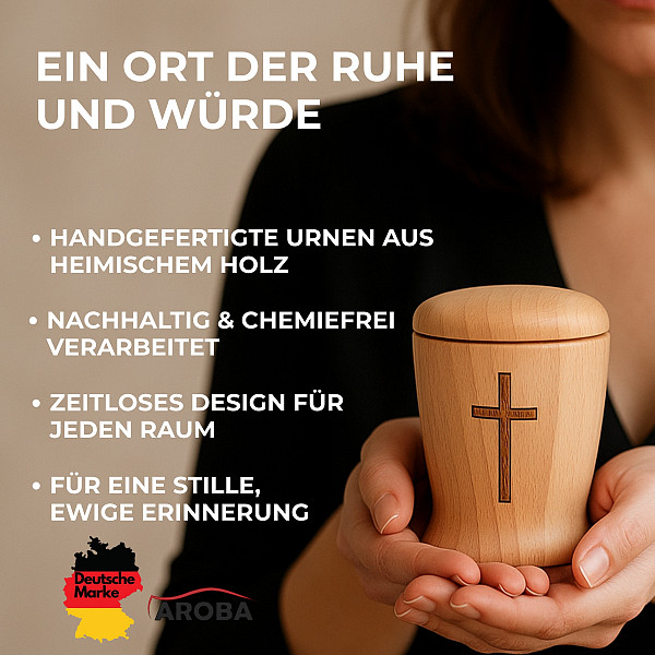 Handgefertigte Mini-Urne aus Buchenholz mit Kreuz-Gravur – Erinnerungsurne – 10 cm hoch – Gedenkurne – Kleine Urne für Teilasche, Tierasche oder Erinnerungsstücke – Symbol für Glaube, Trost & Erinnerung