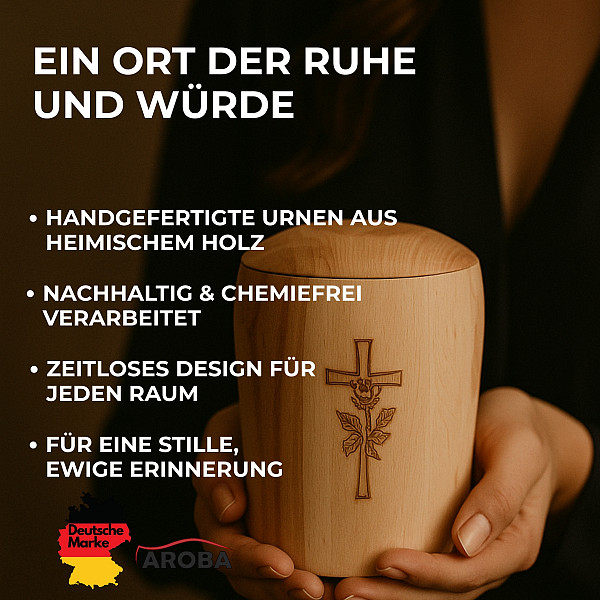 Handgefertigte Mini-Urne aus Buchenholz mit Kreuz & Rose – Zylinder Erinnerungsurne – Gedenkurne – 10 cm hoch – Kleine Urne für Teilasche, Tierasche oder Andenken – Natürlich, graviert & stilvoll