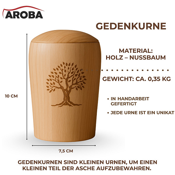 Handgefertigte Mini-Urne aus Buchenholz mit Lebensbaum – Erinnerungsurne – 10 cm hoch – Gedenkurne – Kleine Urne für Teilasche, Tierasche oder Andenken – Symbolisch, chemiefrei & liebevoll verarbeitet
