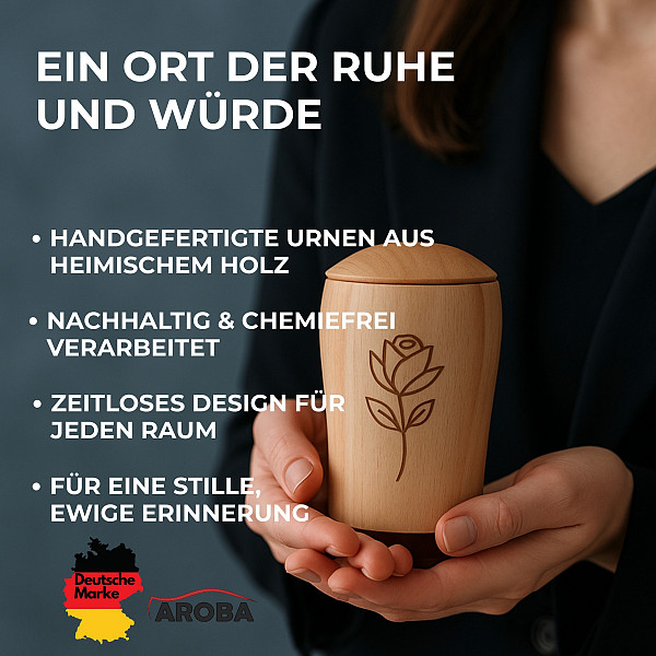 Handgefertigte Mini-Urne aus Buchenholz mit Rosen-Gravur – Erinnerungsurne – 10 cm hoch – Gedenkurne – Kleine Urne für Teilasche, Tierasche oder Erinnerungsstücke – Symbol für Liebe, Erinnerung & Würde