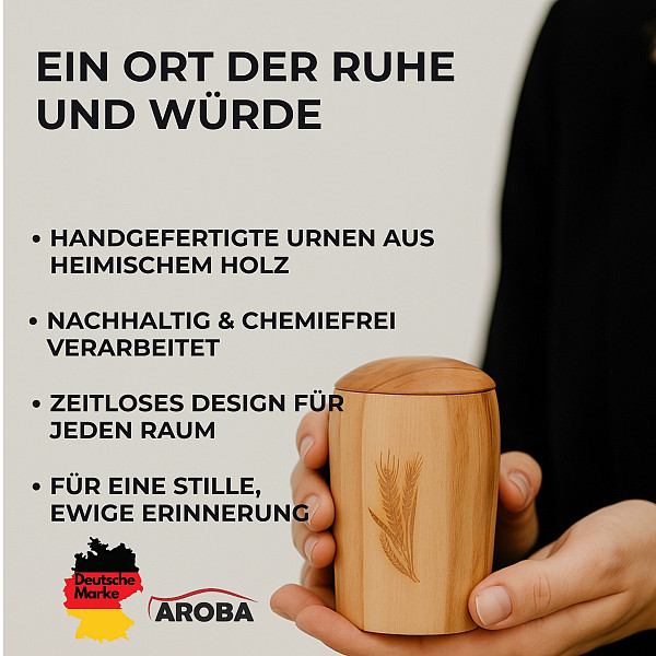 Handgefertigte Mini-Urne aus Buchenholz mit Ährengravur – Erinnerungsurne – 10 cm hoch – Gedenkurne – Kleine Urne für Teilasche, Tierasche oder Erinnerungsstücke – Symbol für Reife, Dankbarkeit & Wertschätzung
