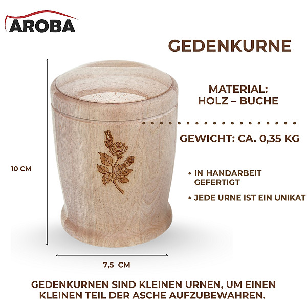 Handgefertigte Mini-Urne aus Buchenholz mit Rosen-Gravur – Zylindrische Erinnerungsurne – 10 cm hoch – Gedenkurne – Kleine Urne für Teilasche, Tierasche oder Andenken – Natürlich & stilvoll verarbeitet