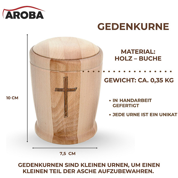 Handgefertigte Mini-Urne aus Buchenholz mit Kreuz-Gravur – Erinnerungsurne – 10 cm hoch – Gedenkurne – Kleine Urne für Teilasche, Tierasche oder Erinnerungsstücke – Symbol für Glaube, Trost & Erinnerung