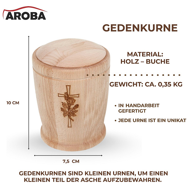 Handgefertigte Mini-Urne aus Buchenholz mit Kreuz & Rose – Zylinder Erinnerungsurne – Gedenkurne – 10 cm hoch – Kleine Urne für Teilasche, Tierasche oder Andenken – Natürlich, graviert & stilvoll