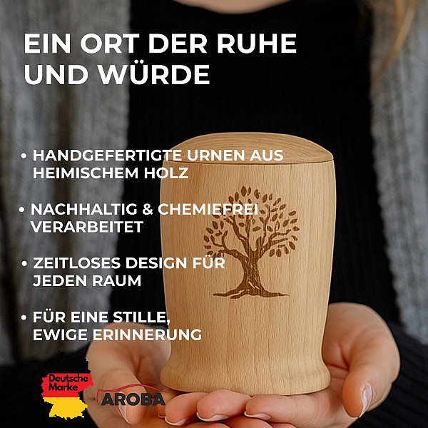 Handgefertigte Mini-Urne aus Buchenholz mit Lebensbaum – Erinnerungsurne – 10 cm hoch – Gedenkurne – Kleine Urne für Teilasche, Tierasche oder Andenken – Symbolisch, chemiefrei & liebevoll verarbeitet
