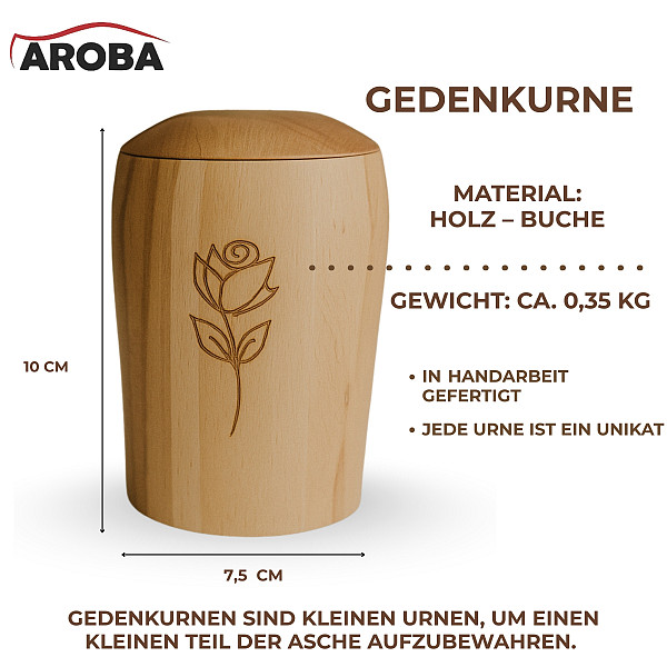 Handgefertigte Mini-Urne aus Buchenholz mit Rosen-Gravur – Erinnerungsurne – 10 cm hoch – Gedenkurne – Kleine Urne für Teilasche, Tierasche oder Erinnerungsstücke – Symbol für Liebe, Erinnerung & Würde
