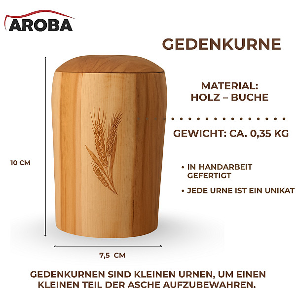 Handgefertigte Mini-Urne aus Buchenholz mit Ährengravur – Erinnerungsurne – 10 cm hoch – Gedenkurne – Kleine Urne für Teilasche, Tierasche oder Erinnerungsstücke – Symbol für Reife, Dankbarkeit & Wertschätzung