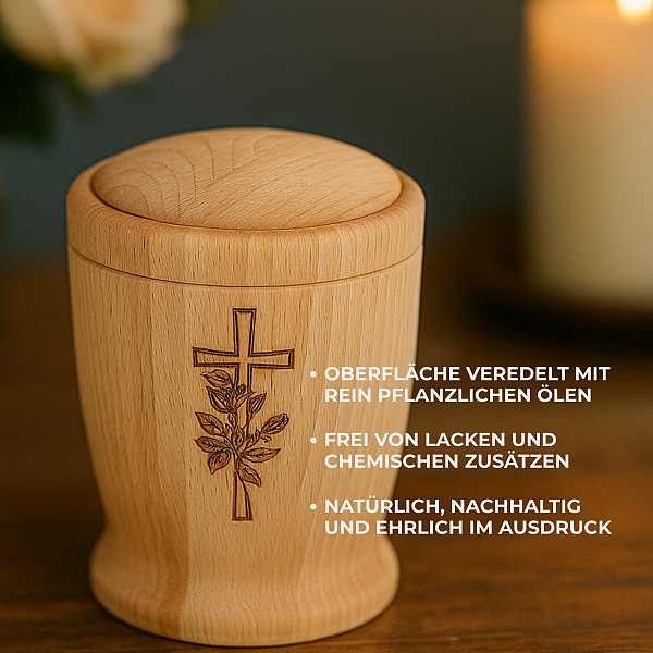 Handgefertigte Mini-Urne aus Buchenholz mit Kreuz & Rose – Zylinder Erinnerungsurne – Gedenkurne – 10 cm hoch – Kleine Urne für Teilasche, Tierasche oder Andenken – Natürlich, graviert & stilvoll