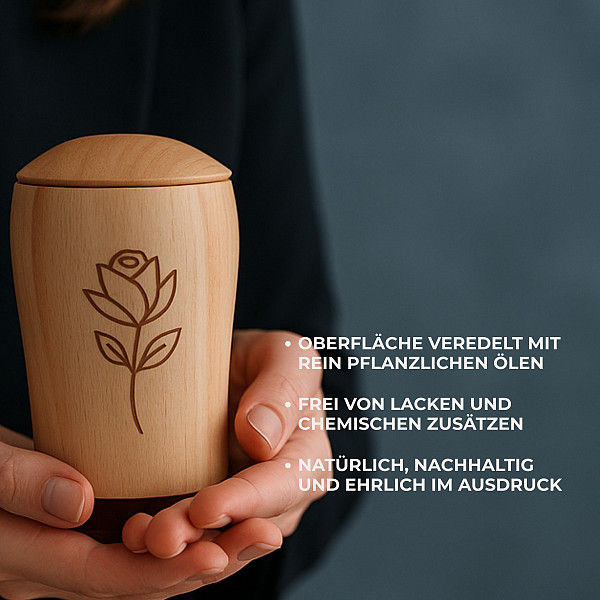 Handgefertigte Mini-Urne aus Buchenholz mit Rosen-Gravur – Erinnerungsurne – 10 cm hoch – Gedenkurne – Kleine Urne für Teilasche, Tierasche oder Erinnerungsstücke – Symbol für Liebe, Erinnerung & Würde
