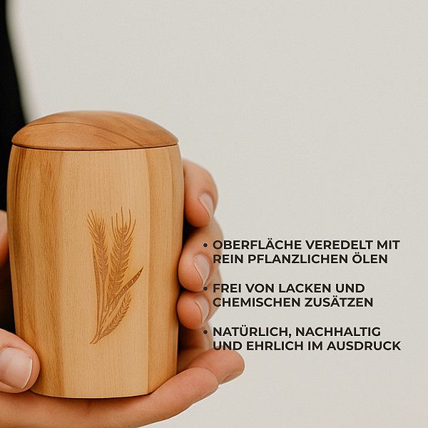 Handgefertigte Mini-Urne aus Buchenholz mit Ährengravur – Erinnerungsurne – 10 cm hoch – Gedenkurne – Kleine Urne für Teilasche, Tierasche oder Erinnerungsstücke – Symbol für Reife, Dankbarkeit & Wertschätzung