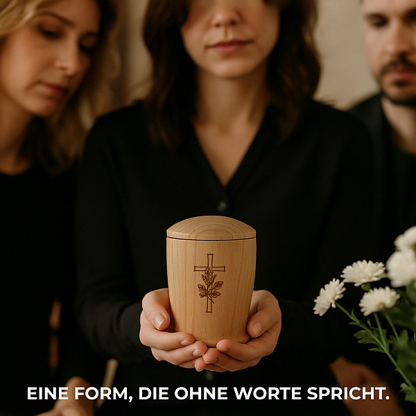 Handgefertigte Mini-Urne aus Buchenholz mit Kreuz & Rose – Zylinder Erinnerungsurne – Gedenkurne – 10 cm hoch – Kleine Urne für Teilasche, Tierasche oder Andenken – Natürlich, graviert & stilvoll
