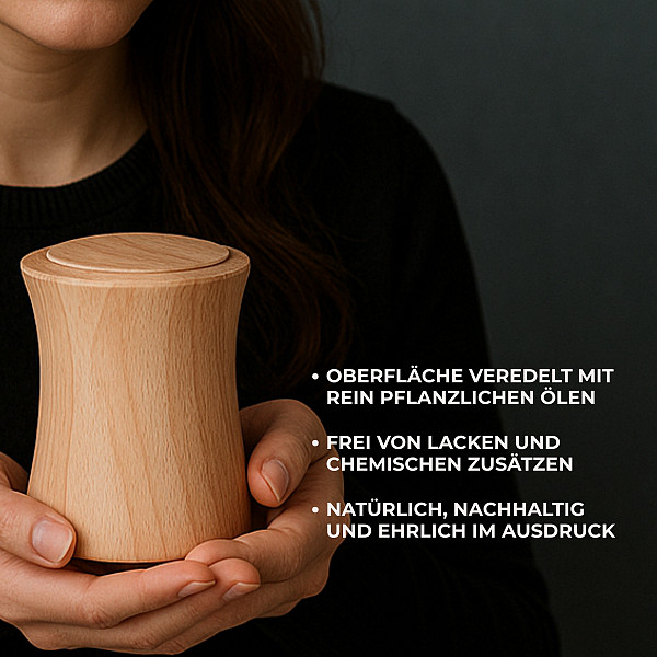 Handgefertigte Mini-Urne aus Buchenholz – Erinnerungsurne – 10 cm hoch – Gedenkurne – Kleine Urne für Tierasche, Teilasche oder Andenken – Natürlich, stilvoll & chemiefrei