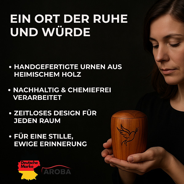 Handgefertigte Mini-Urne aus Walnussholz mit Taube & Olivenzweig – Erinnerungsurne – 10 cm hoch – Gedenkurne – Kleine Urne für Teilasche oder Tierasche – Symbol für Frieden, Hoffnung & spirituelle Erinnerung