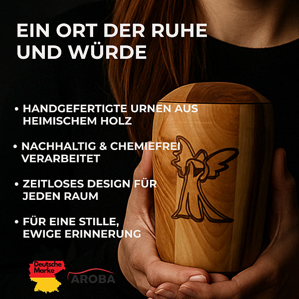 Handgefertigte Mini-Urne aus Walnussholz mit Engel-Gravur – Erinnerungsurne – 10 cm hoch – Gedenkurne – mit losem Deckel für Teilasche, Haustiere oder Erinnerungsstücke
