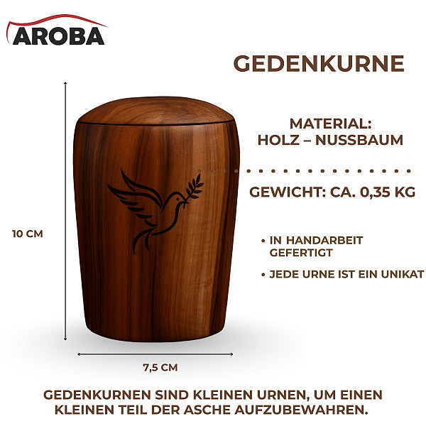 Handgefertigte Mini-Urne aus Walnussholz mit Taube & Olivenzweig – Erinnerungsurne – 10 cm hoch – Gedenkurne – Kleine Urne für Teilasche oder Tierasche – Symbol für Frieden, Hoffnung & spirituelle Erinnerung