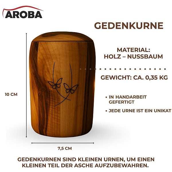 Handgefertigte Mini-Urne aus Walnussholz mit zwei Schmetterlingen – Erinnerungsurne  – 10 cm hoch – Gedenkurne – Kleine Urne für Teilasche, Tierasche oder Erinnerungsstücke – Symbol für Seele, Wandel & Verbundenheit
