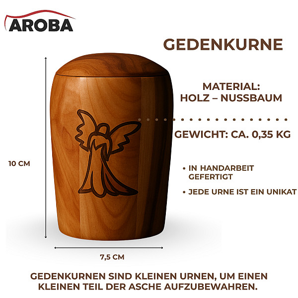 Handgefertigte Mini-Urne aus Walnussholz mit Engel-Gravur – Erinnerungsurne – 10 cm hoch – Gedenkurne – mit losem Deckel für Teilasche, Haustiere oder Erinnerungsstücke