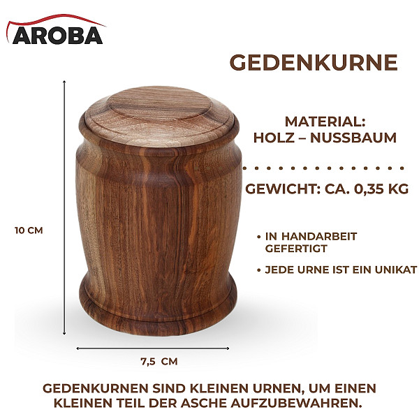 Handgefertigte Mini-Urne aus Walnussholz – Runde Erinnerungsurne mit Maserung – 10 cm hoch – Gedenkurne – Kleine Urne für Teilasche, Tierasche oder Andenken – Natürlich, stilvoll & einzigartig