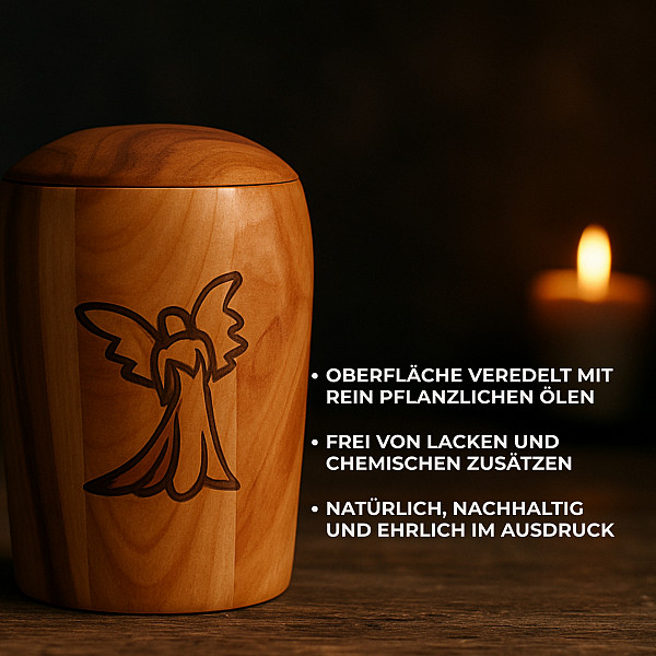Handgefertigte Mini-Urne aus Walnussholz mit Engel-Gravur – Erinnerungsurne – 10 cm hoch – Gedenkurne – mit losem Deckel für Teilasche, Haustiere oder Erinnerungsstücke