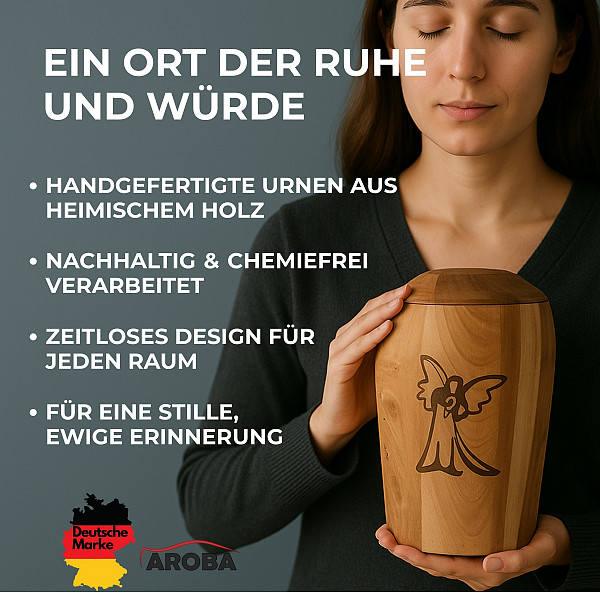 Handcrafted Walnut Wood Urn with Angel Engraving – 5L Natural Memorial Urn for Adult Ashes – Symbol of Comfort, Hope & Spiritual Connection – Fits Ash Capsule – Elegant & Chemical-Free