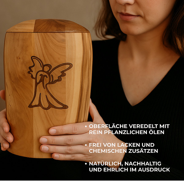 Handcrafted Walnut Wood Urn with Angel Engraving – 5L Natural Memorial Urn for Adult Ashes – Symbol of Comfort, Hope & Spiritual Connection – Fits Ash Capsule – Elegant & Chemical-Free