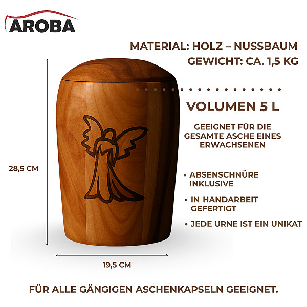 Handcrafted Walnut Wood Urn with Angel Engraving – 5L Natural Memorial Urn for Adult Ashes – Symbol of Comfort, Hope & Spiritual Connection – Fits Ash Capsule – Elegant & Chemical-Free