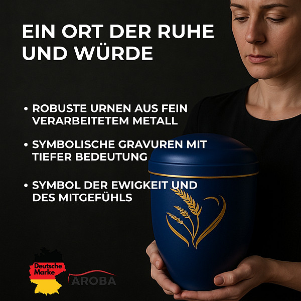 Handgefertigte tiefblaue Metallurne mit goldener Ähren-Gravur – 4,5 L Volumen für Menschliche Asche – Gedenkurne mit Aschekapsel-Einsatz – Symbol für Ernte, Leben & Erinnerung