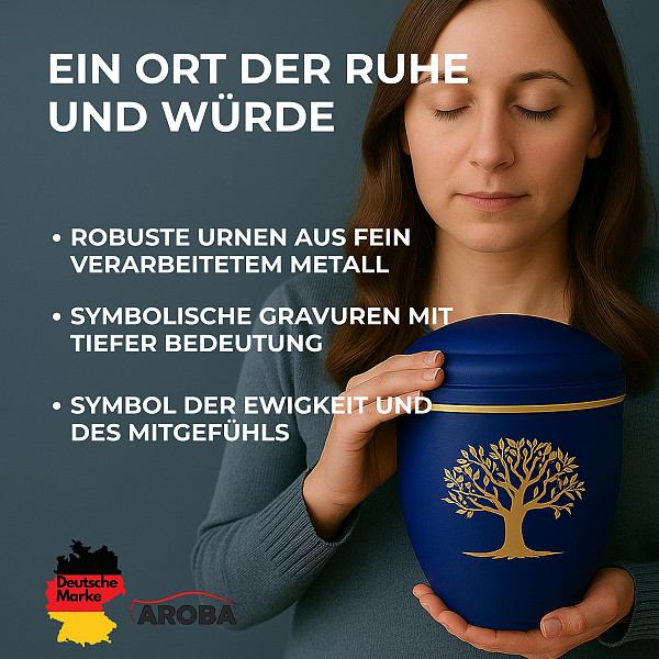 Handgefertigte tiefblaue Metallurne mit goldener Lebensbaum-Gravur – 4,5 L Volumen für Menschliche Asche – Gedenkurne mit Aschekapsel-Einsatz – Symbol für Ewigkeit, Wurzeln & Erinnerung