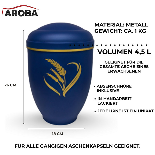 Handgefertigte tiefblaue Metallurne mit goldener Ähren-Gravur – 4,5 L Volumen für Menschliche Asche – Gedenkurne mit Aschekapsel-Einsatz – Symbol für Ernte, Leben & Erinnerung