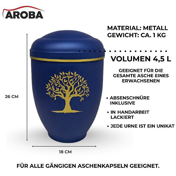 Handgefertigte tiefblaue Metallurne mit goldener Lebensbaum-Gravur – 4,5 L Volumen für Menschliche Asche – Gedenkurne mit Aschekapsel-Einsatz – Symbol für Ewigkeit, Wurzeln & Erinnerung