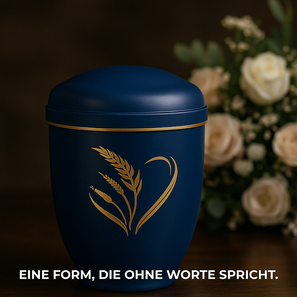 Handgefertigte tiefblaue Metallurne mit goldener Ähren-Gravur – 4,5 L Volumen für Menschliche Asche – Gedenkurne mit Aschekapsel-Einsatz – Symbol für Ernte, Leben & Erinnerung