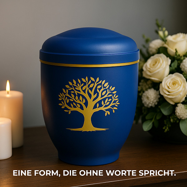 Handgefertigte tiefblaue Metallurne mit goldener Lebensbaum-Gravur – 4,5 L Volumen für Menschliche Asche – Gedenkurne mit Aschekapsel-Einsatz – Symbol für Ewigkeit, Wurzeln & Erinnerung