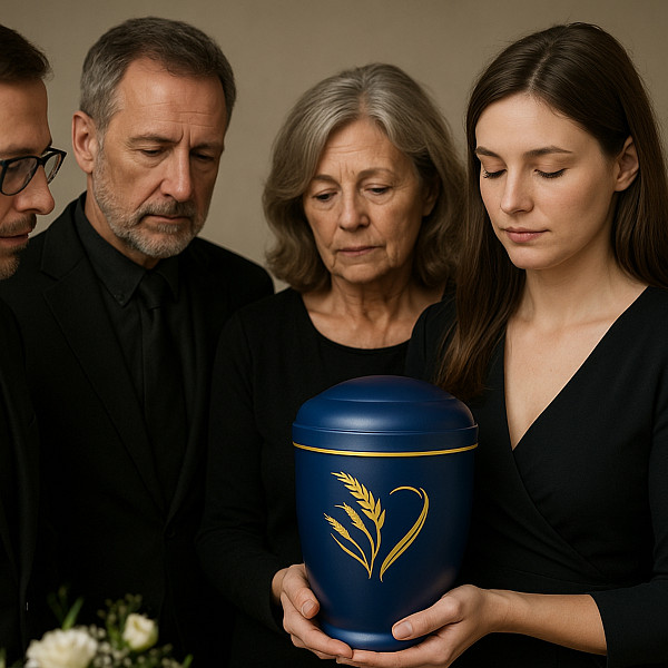 Handgefertigte tiefblaue Metallurne mit goldener Ähren-Gravur – 4,5 L Volumen für Menschliche Asche – Gedenkurne mit Aschekapsel-Einsatz – Symbol für Ernte, Leben & Erinnerung