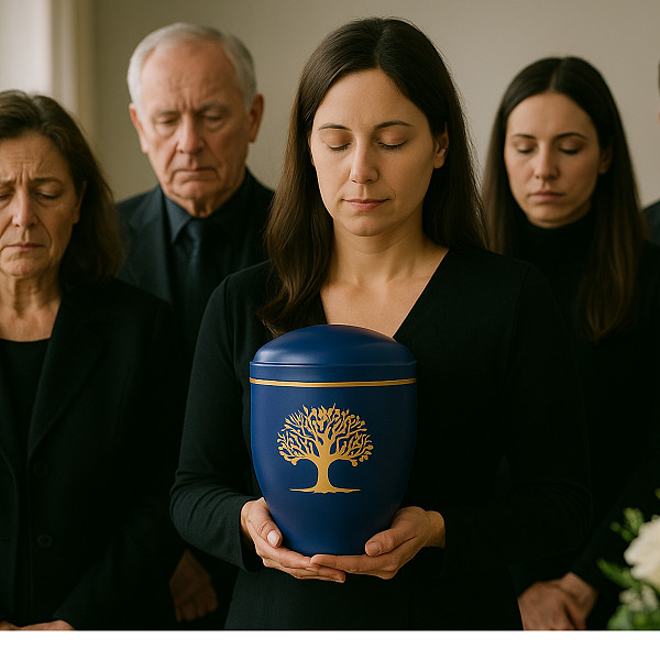 Handgefertigte tiefblaue Metallurne mit goldener Lebensbaum-Gravur – 4,5 L Volumen für Menschliche Asche – Gedenkurne mit Aschekapsel-Einsatz – Symbol für Ewigkeit, Wurzeln & Erinnerung
