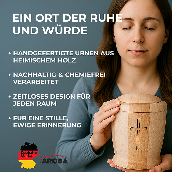 Handgefertigte Urne aus Buchenholz in Zylinderform mit Kreuz – 5 L Volumen für Menschliche Asche – Natururne für Aschekapsel – geölt, nachhaltig, spirituell, schlicht & würdevoll