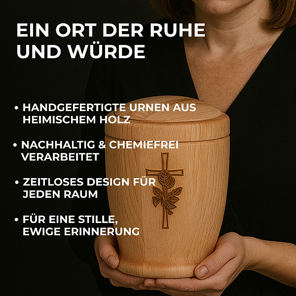 Handgefertigte Urne aus Buchenholz mit Kreuz & Rose – 5 L Natururne für Erwachsene – Zylindrische Gedenkurne für Aschekapsel – Graviert, geölt, schlicht, nachhaltig & würdevoll