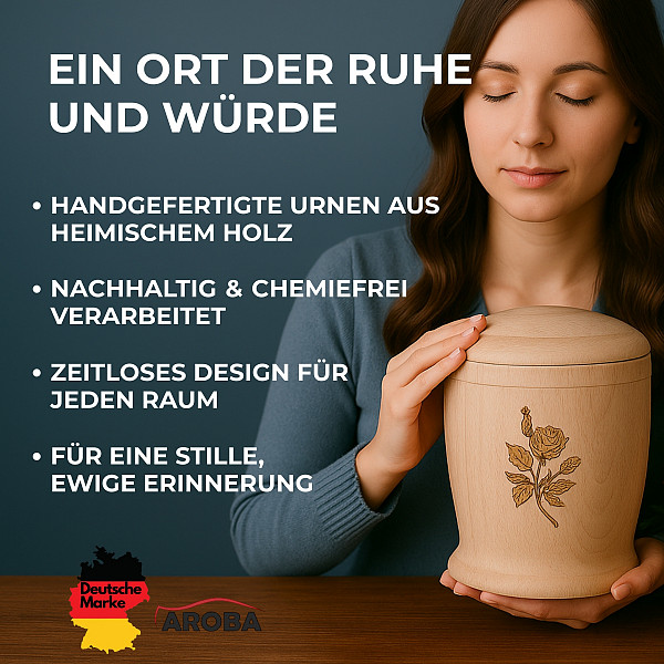 Handgefertigte Urne aus Buchenholz mit Rose – 5 L Volumen für Erwachsene – Zylindrische Natururne mit Gravur für Aschekapsel – Nachhaltig, chemiefrei, stilvoll & hochwertig