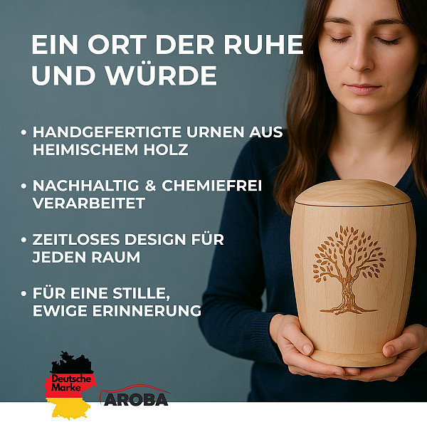 Handgefertigte Urne aus Buchenholz mit Lebensbaum – 5 L Natururne für Erwachsene – Zylindrische Gedenkurne mit Aschekapsel-Einsatz – Symbol für Verbundenheit – Natürlich & chemiefrei