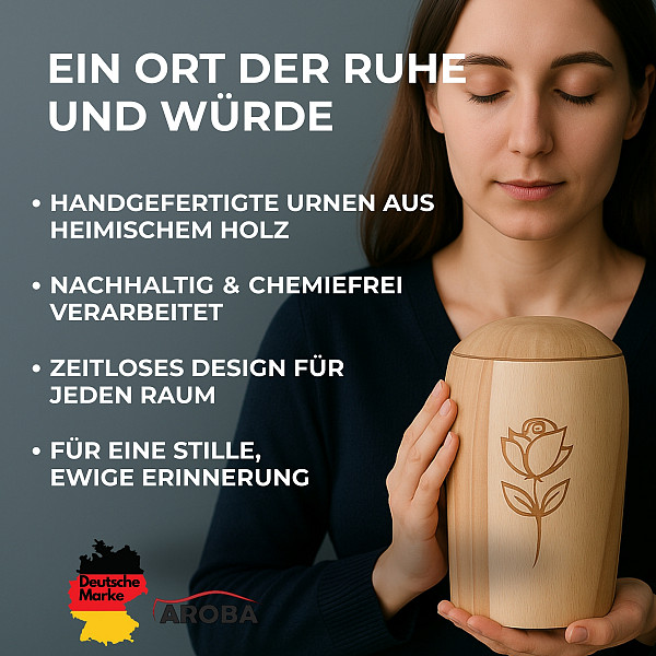 Handgefertigte Urne aus Buchenholz mit Rosenmotiv – 5 L Natururne für Erwachsene in Zylinderform – Gravierte Holzurne ohne Chemie – Symbol für Liebe, Erinnerung, Natur & Würde