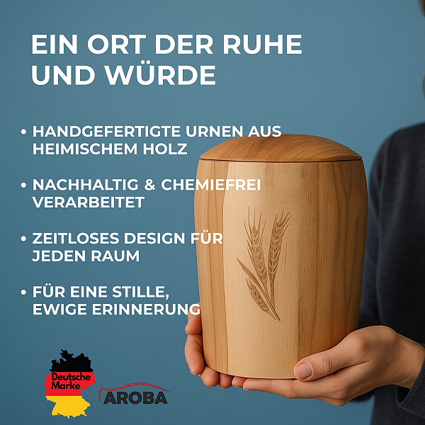Handgefertigte Urne aus Buchenholz mit Ähren-Gravur – 5 L Natururne für Menschliche Asche – Zylindrische Gedenkurne – Symbol für Dankbarkeit, nachhaltig & chemiefrei verarbeitet