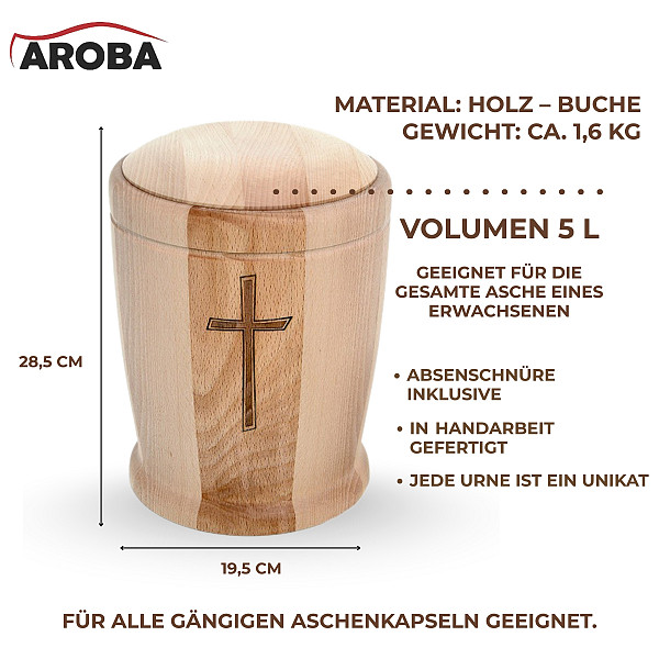 Handgefertigte Urne aus Buchenholz in Zylinderform mit Kreuz – 5 L Volumen für Menschliche Asche – Natururne für Aschekapsel – geölt, nachhaltig, spirituell, schlicht & würdevoll