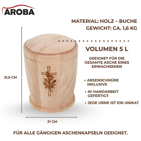Handgefertigte Urne aus Buchenholz mit Kreuz & Rose – 5 L Natururne für Erwachsene – Zylindrische Gedenkurne für Aschekapsel – Graviert, geölt, schlicht, nachhaltig & würdevoll
