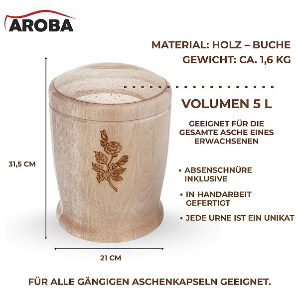 Handgefertigte Urne aus Buchenholz mit Rose – 5 L Volumen für Erwachsene – Zylindrische Natururne mit Gravur für Aschekapsel – Nachhaltig, chemiefrei, stilvoll & hochwertig